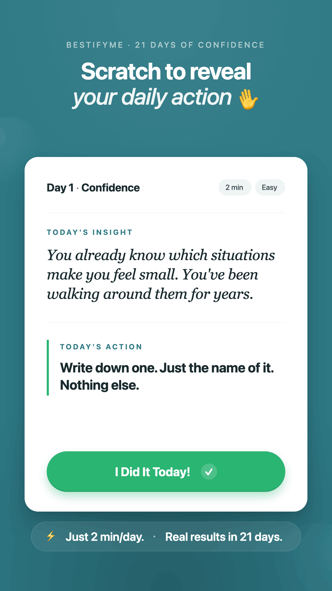 Daily action card — scratch to reveal your insight and action